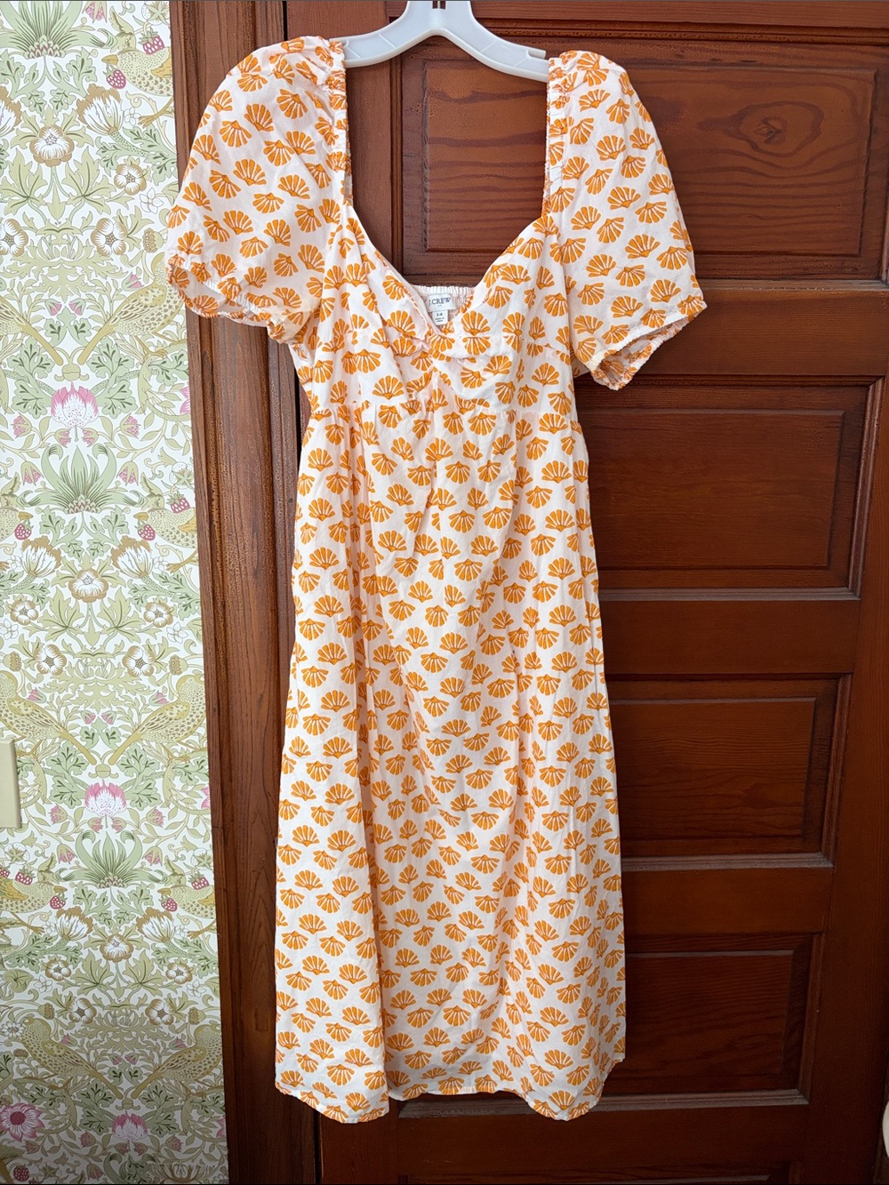 J. Crew White and Orange Puff Sleeve Midi Dress